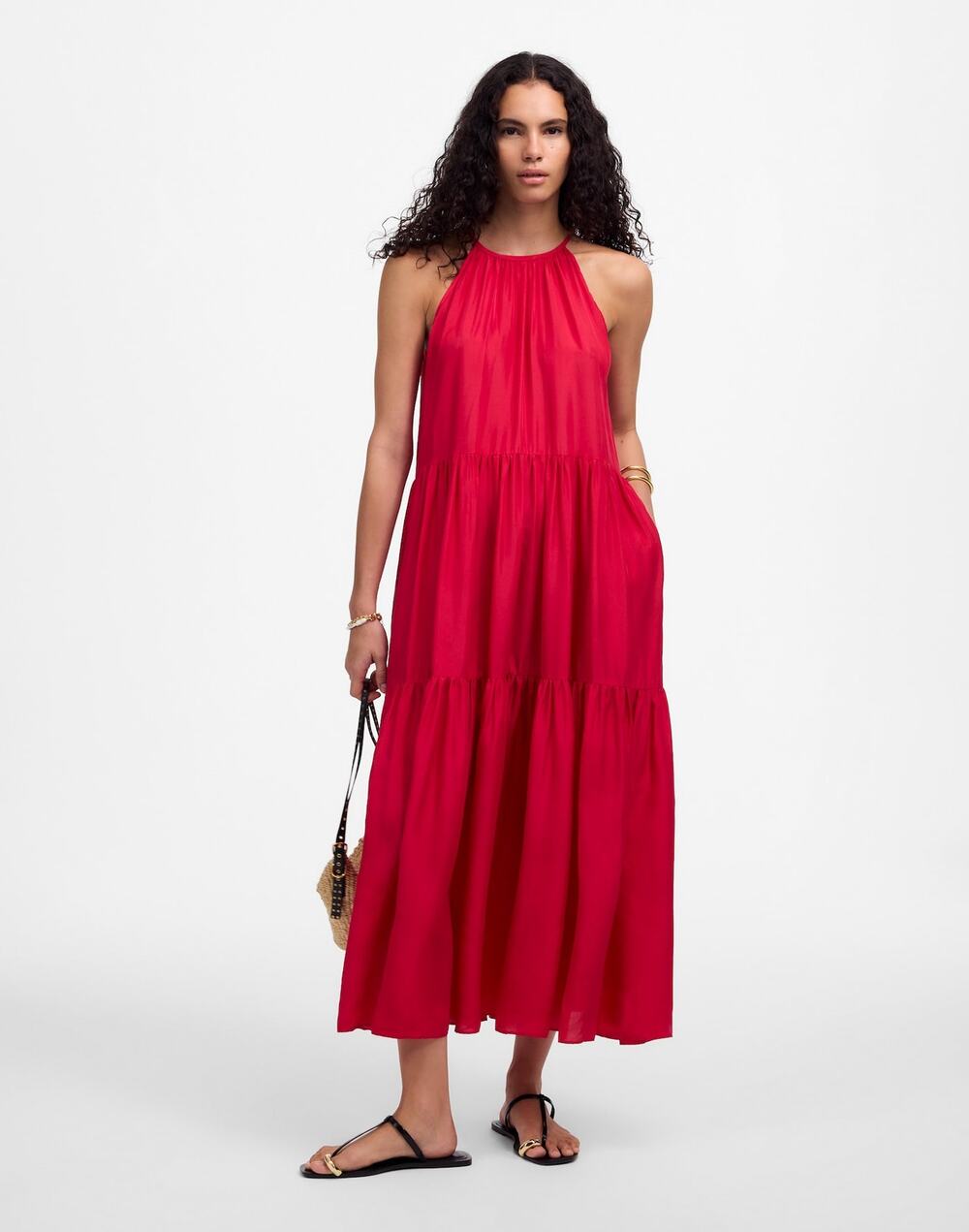 NWT Madewell Habotai Dress Silk Tiered Halter Midi Watermelon Pink Womens Size S
